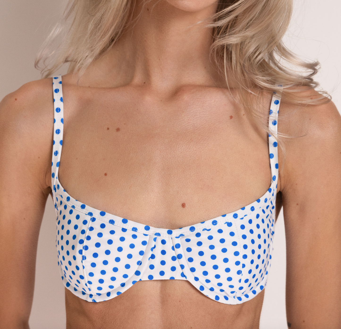 the millie bikini top - blue and white polka dot