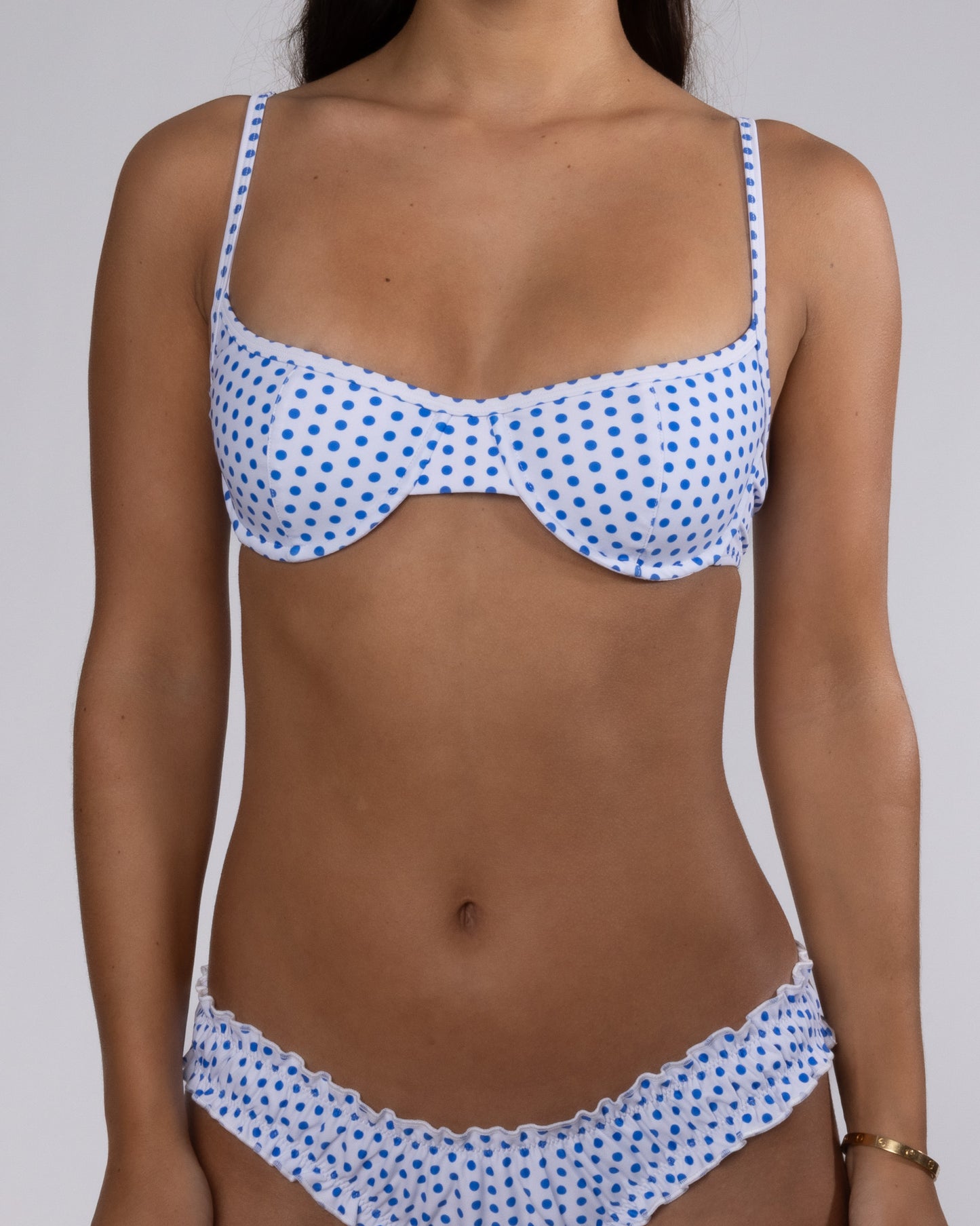 Millie bikini top - blue and white polka dot